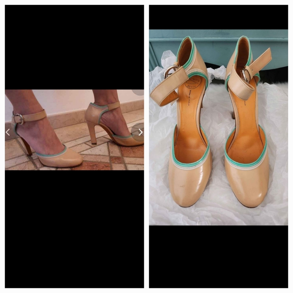 💗Vintage Paul & Betty Tan & Yellow with Blue-Green trims pumps size IT 37